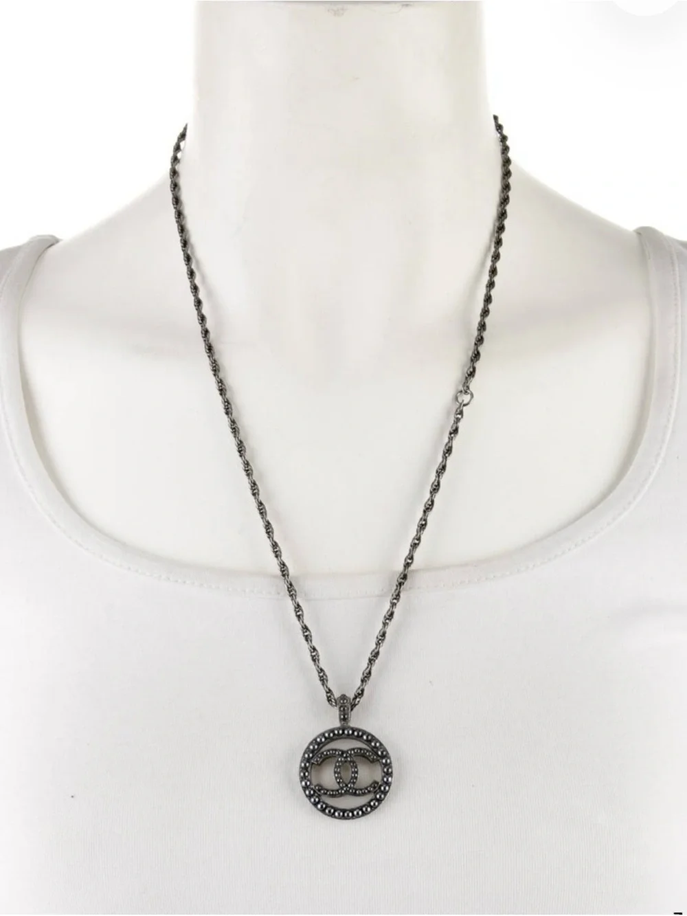 CHANEL Gunmetal CC Circle Pendant Necklace with Dark Crystals